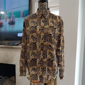 100% Silk Animal Print Button-Up Shirt